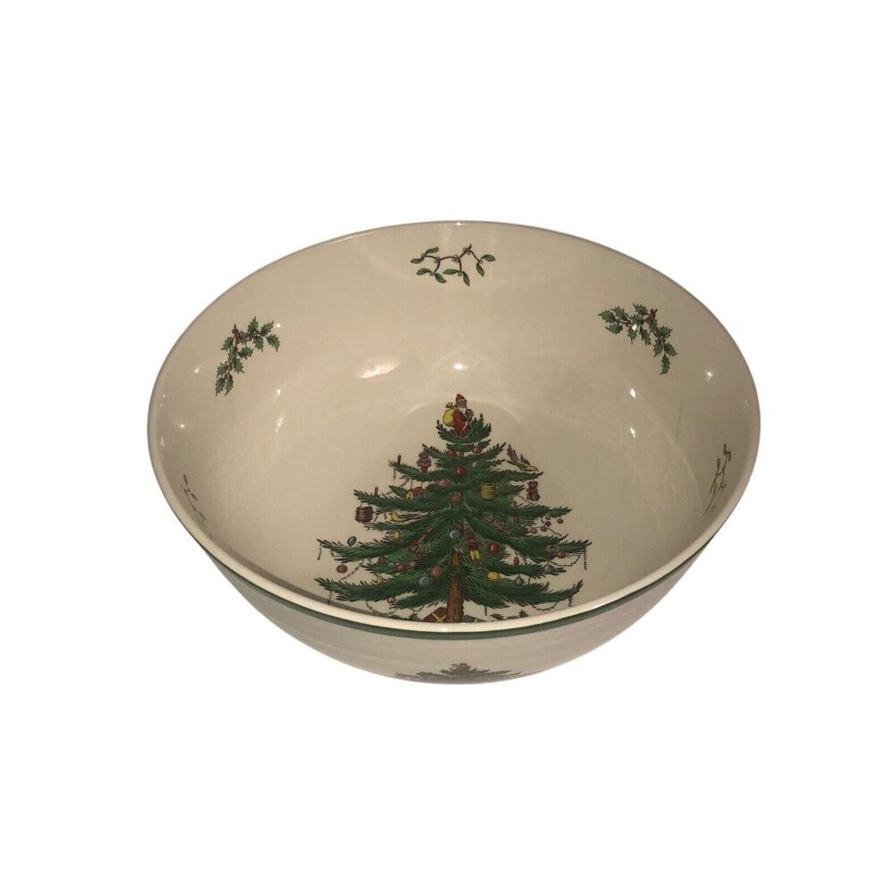 SPODE “Christmas Tree” 9.75" D x 4" H Large Round Serving Bowl Green Trim